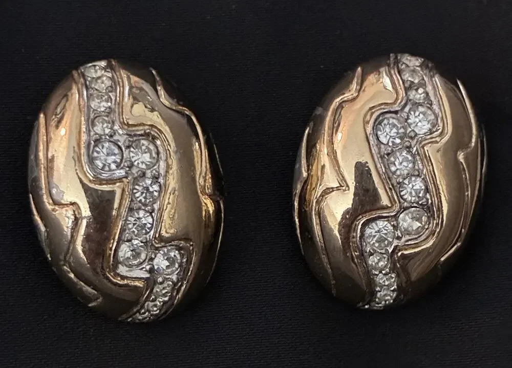 Vintage Adolfo for Mazer Clip On Earrings Rhinestone Gold Tone Zig Zag 1980s